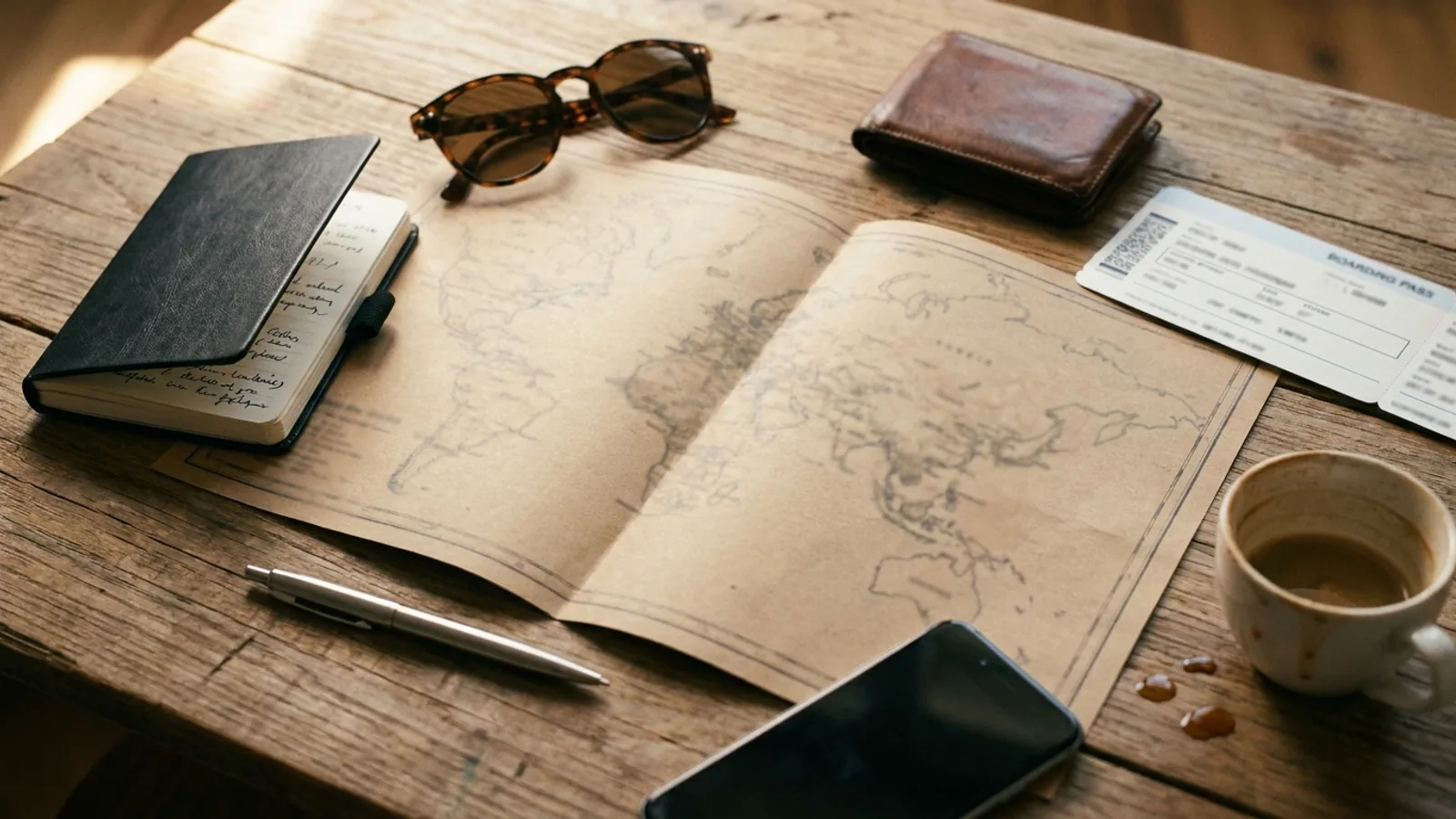 A travel table with an open map, a small backpack, and several boarding passes