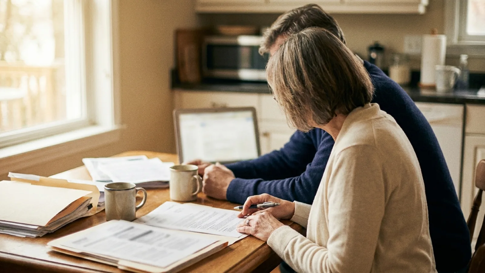 Pareja revisando documentos financieros sobre una mesa de cocina, vista desde detrás