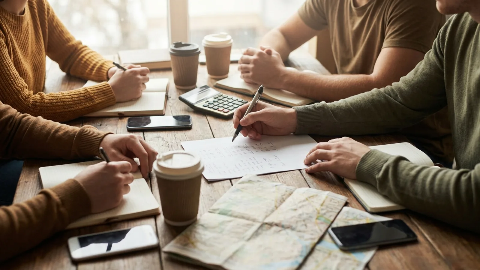 A group of friends planning a trip at a table with a calculator, notebooks, and coffee