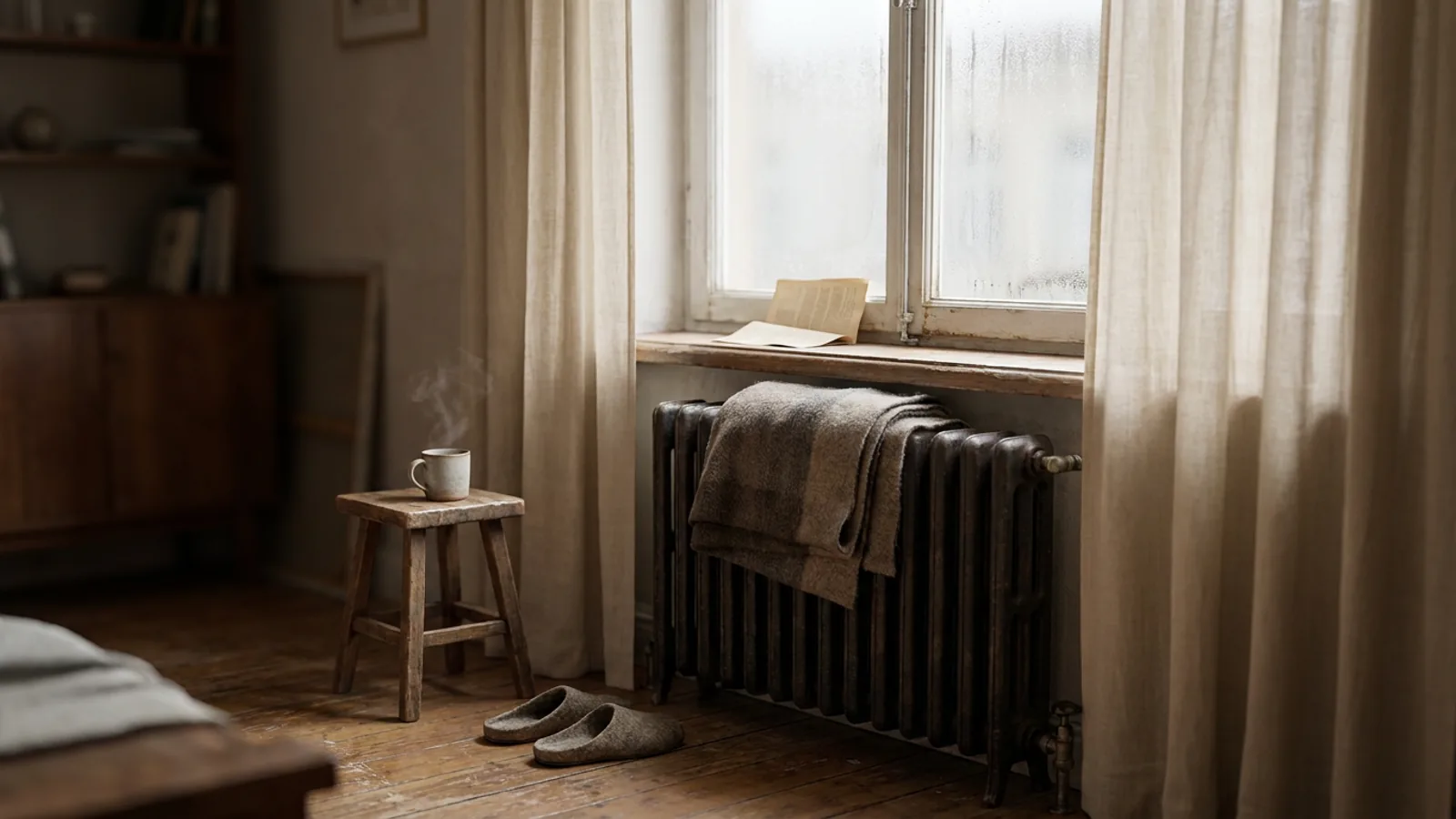 An old radiator under a window with light curtains in a living room in winter