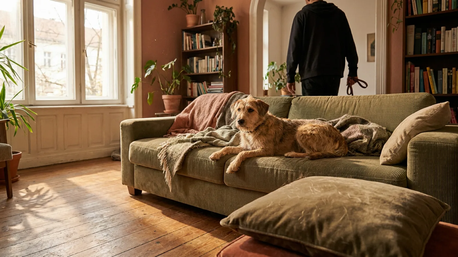 Dog lying on a living-room sofa in a shared flat with warm natural light.